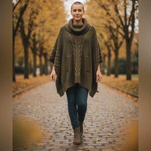 Cliché olive green cable knit cowl neck poncho sweater.
Wool Blend Size L